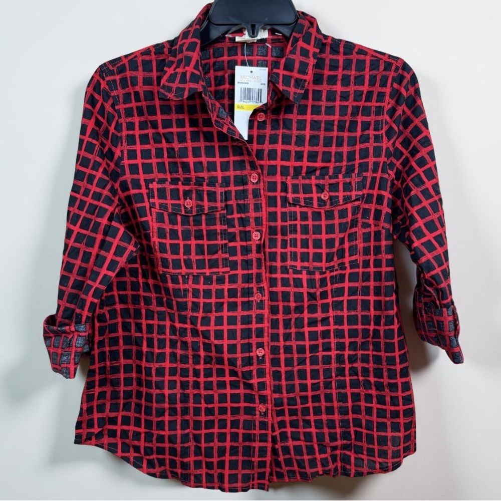 Michael Kors Red and Black Check Women's Cuffed Sleeve Button-Up Blouse Size LP